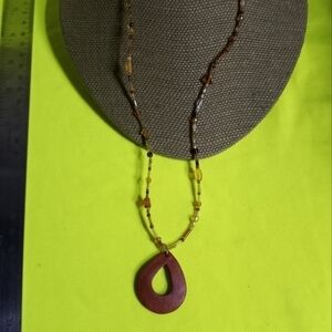 Brown wood beaded silvertone heart ♥ clasp toggle necklace